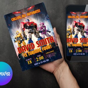Può includere: Un invito di compleanno con un'immagine di un robot dei Transformers. L'invito è per il quarto compleanno di David Smith. L'invito include la data, l'ora e le informazioni per l'RSVP.