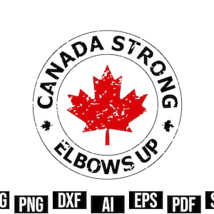Puede incluir: Una hoja de arce roja con una textura desgastada dentro de un círculo negro con el texto "Canada Strong Elbows Up".