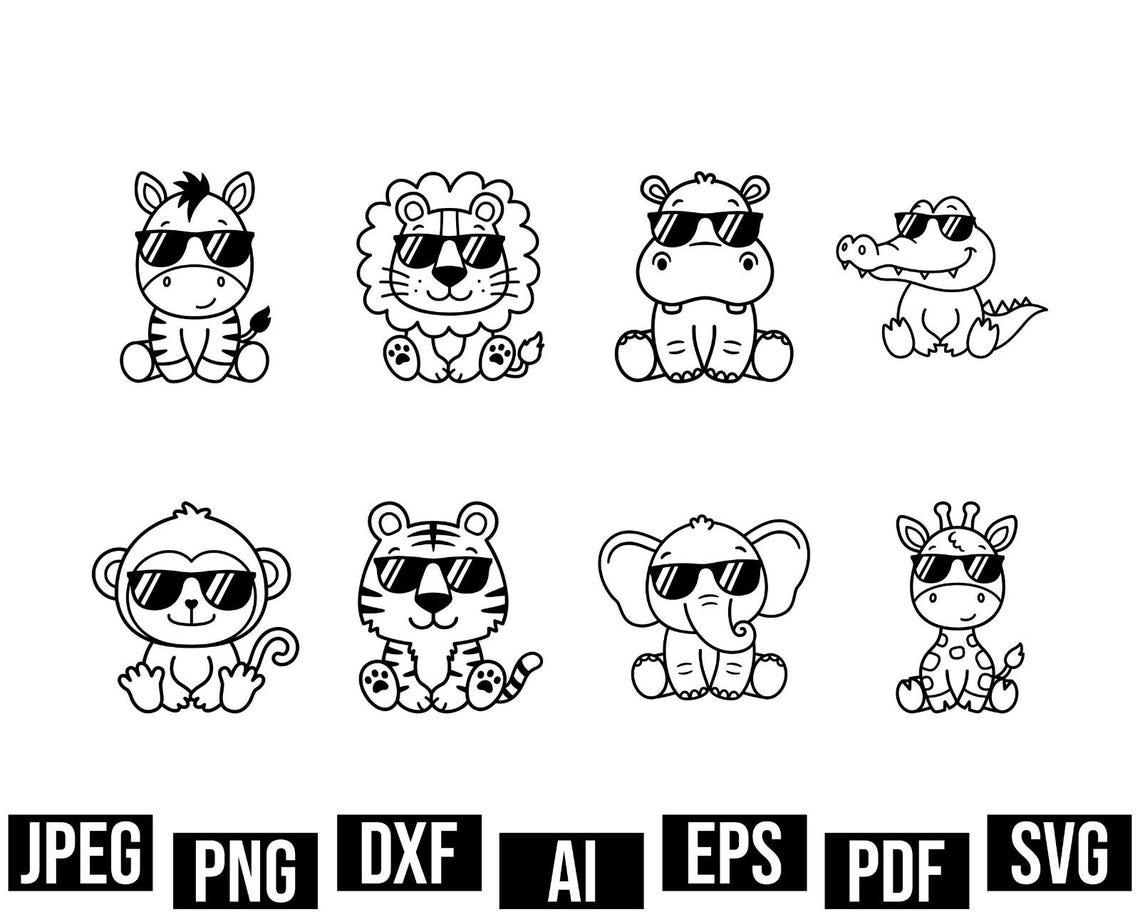 Safari Animals Outline Svg, Cute African Jungle Animal, Cut File for ...