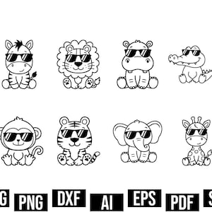 サファリ動物のアウトライン SVG、かわいいアフリカのジャングル動物、クリカット用カットファイル、ライオン トラ カバ キリン シマウマ サルのシルエット、子供 赤ちゃん