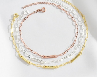 Engraved Name Bracelet, Custom Mini Name Bar Bracelet, Charm Bracelet with Dainty Paperclip Chain, Mom Gift, Birthday Gift, Christmas Gift