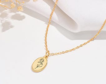 Birth Flower Necklace, Month Floral Necklace, Oval Engraved Necklace, Custom Birthflower Pendant Necklace, Birth Day Gift for Bridesmaid