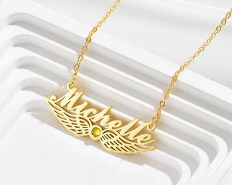 Custom Angle Wing Name Necklace, Birthstone Nameplate Necklace, Heart Name Necklace, Birthday Gift for Her, Mother's Day Gift, Gift for Mom
