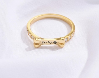 Anel com nome de animal de estimação, anel personalizado com osso de cachorro, anel personalizado em formato de osso de cachorro, anéis para amantes de cães, anel memorial personalizado com pedra de zircônia para cães