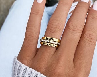 3PCS Anéis empilháveis personalizados para mães, anéis com nomes personalizados empilháveis com pedras de nascimento, presentes de aniversário de Natal para sua mãe, avó, esposa de meninas