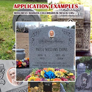 Puede incluir: Un collage de l&aacute;pidas y monumentos, que muestra ejemplos de aplicaciones conmemorativas. La imagen central presenta una l&aacute;pida de granito gris con la inscripci&oacute;n "Paula Williams Lyons" y una foto. Arreglos florales coloridos adornan la base.