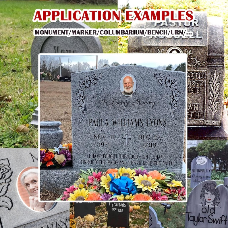 Puede incluir: Un collage de l&aacute;pidas y monumentos, que muestra ejemplos de aplicaciones conmemorativas. La imagen central presenta una l&aacute;pida de granito gris con la inscripci&oacute;n "Paula Williams Lyons" y una foto. Arreglos florales coloridos adornan la base.