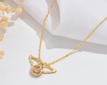 Angle Wing Projection Photo Necklace, Projection Jewelry for Women, Custom Memorial Picture Gift, Christmas Gifts, Birthday Gift for Her
