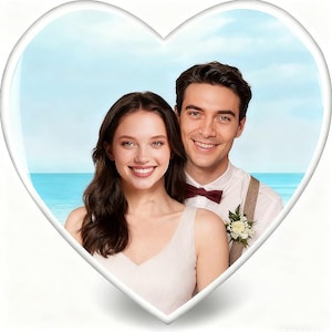 May include: A smiling couple framed within a heart-shaped border, set against a backdrop of a beach and blue sky. The woman wears a white dress, and the man is in a white shirt with a burgundy bow tie and braces. A small floral arrangement is pinned to his shirt.