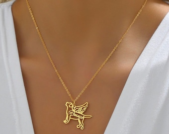 Pet Dog Loss Memorial Necklace with Angel Wings, Personalized Name Necklace with Wings, Dog Breed Silhouette Necklace Jewelry