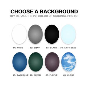 Puede incluir: Imagen que muestra una selecci&oacute;n de opciones de color de fondo para un producto. Las opciones incluyen blanco, gris, negro, azul claro, azul oscuro, verde, morado y un dise&ntilde;o de nube. El texto en la parte superior dice "ELIGE UN FONDO".