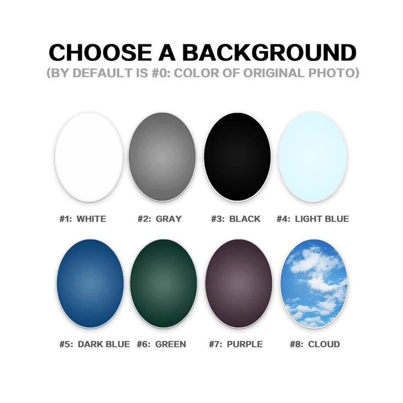 Puede incluir: Imagen que muestra una selecci&oacute;n de opciones de color de fondo para un producto. Las opciones incluyen blanco, gris, negro, azul claro, azul oscuro, verde, morado y un dise&ntilde;o de nube. El texto en la parte superior dice "ELIGE UN FONDO".