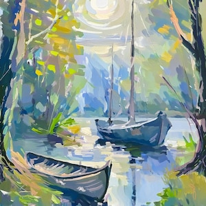 May include: An impressionistic painting of a tranquil lake scene with two boats. The artwork features a sailboat and a rowboat, surrounded by verdant trees and a bright sun. The colour palette includes blues, greens, and yellows, creating a peaceful atmosphere.