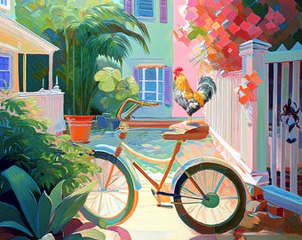 Può includere: Un dipinto colorato raffigura una scena all'aperto soleggiata con una bicicletta, galli e piante tropicali. La bicicletta ha una sella e un manubrio marroni. Gli edifici sullo sfondo sono dipinti con colori pastello. Un gallo è in piedi sul sellino della bicicletta.