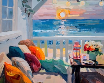 May include: An impressionistic painting of a seaside porch at sunset. A sofa with colorful pillows faces the ocean. A small table holds a lantern, flowers, and a cup of coffee. The sky is a mix of pinks and oranges.