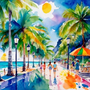 May include: Watercolor painting of a tropical beach scene. Palm trees line a walkway with people strolling along. The sky is blue with a bright yellow sun. Street lamps and a colorful umbrella add detail to the scene.