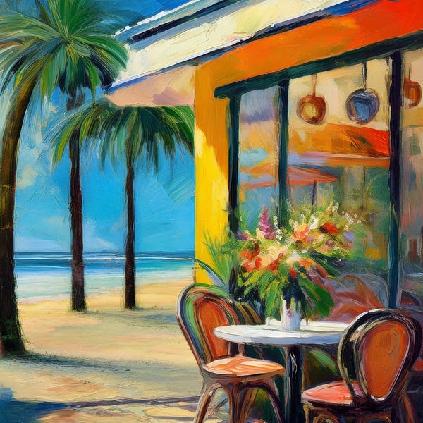 Colorful Coastal Beach Cafe Giclee Print Art