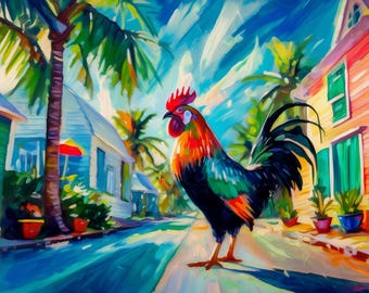 Può includere: Dipinto impressionista di un gallo colorato su una strada tropicale. Il gallo ha piume rosse, arancioni, verdi e blu. Palme e case dai colori pastello costeggiano la strada sotto un cielo azzurro brillante.