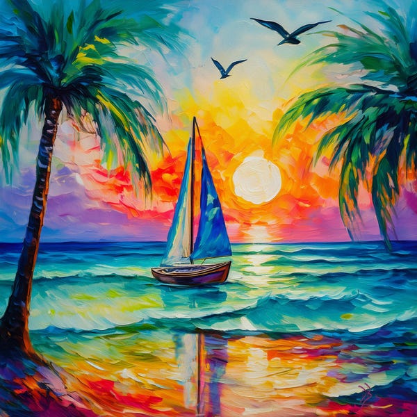 Sailboat, Palm Trees, Sunset, Ocean Waves Print