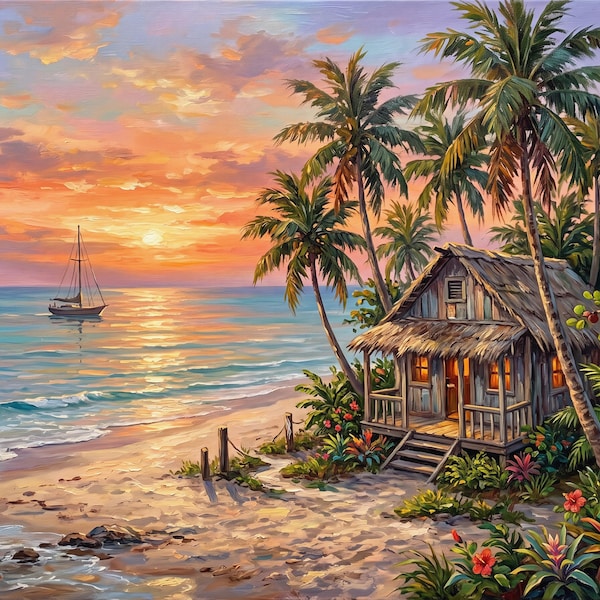 Cottage Tropical Beach Ocean Landscape Art Print