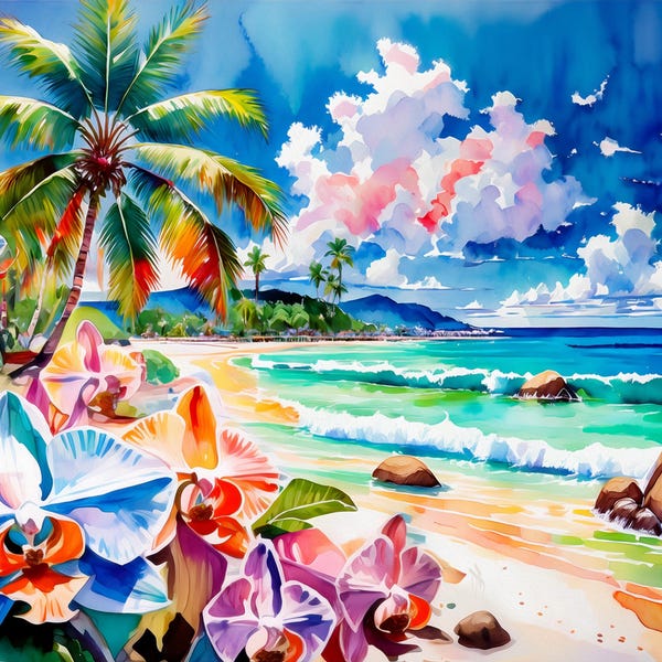 Beach, Palm Trees and Orchids, Vibrant Print: Canvas or Paper
