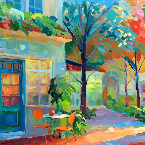 Colorful Promenade Beach Cafe Giclee Print Art