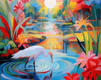Florida Egret Wildlife Vibrant Picture: Wetlands Landscape Art Wall Decor