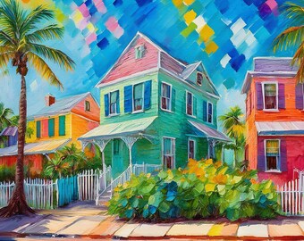 Può includere: Un dipinto impressionista di case colorate con palme. Le case sono dipinte in vivaci tonalità di verde, arancione e rosso, con persiane blu e tetti rosa. Una staccionata bianca e un rigoglioso fogliame verde aggiungono alla scena tropicale.