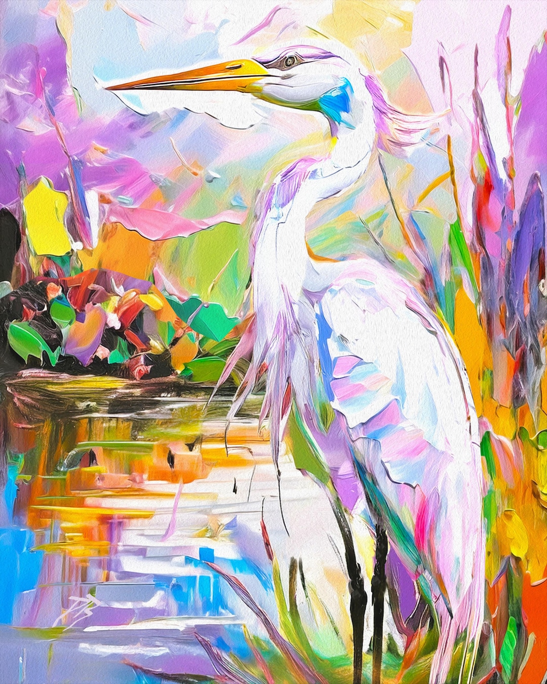 Merp Bird Vibrant Painting Wall Decor Heron Bird Portrait Print Nature Scene ...