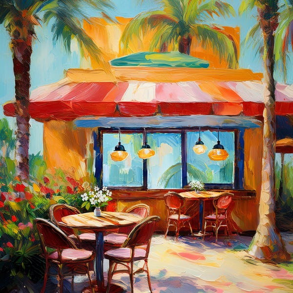 Colorful Coastal Beach Cafe Giclee Print Art
