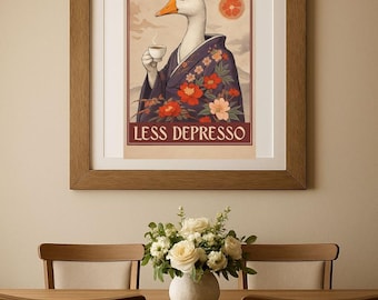 Kawaii Goose Art Print, Espresso Quote, Japanese Robe (Digital Download)