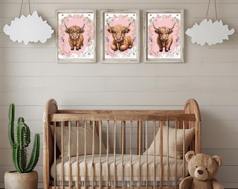 Highland Cow Nursery Art: Floral Calf Prints (Digital Download)