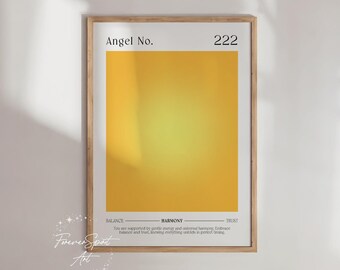 Arte de energía del aura, arte espiritual de pared, impresión del número de ángel, arte estético, póster de aura con degradado amarillo, arte de pared femenino, número de ángel 222