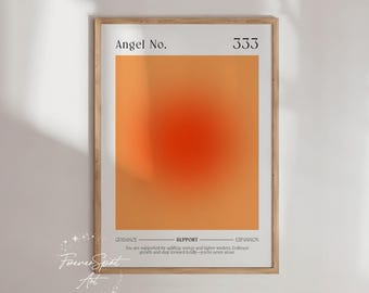 Arte de energía del aura, arte espiritual de pared, impresión del número de ángel, arte estético, póster de aura con degradado naranja, arte de pared femenino, número de ángel 333