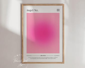 Arte de energía del aura con número de ángel 111, arte espiritual de pared, impresión de número de ángel, arte estético de pared, póster de aura con degradado rosa, arte de pared femenino