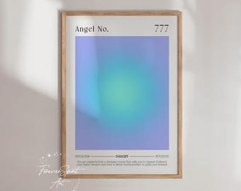 Arte de energía del aura, arte espiritual de pared, impresión del número de ángel, arte estético, póster de aura con degradado azul, arte de pared femenino, número de ángel 777