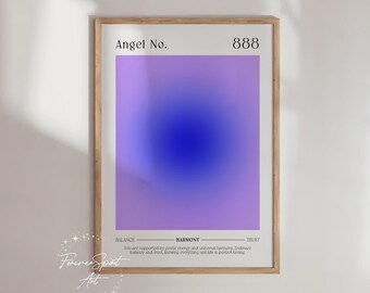 Arte de energía del aura, arte espiritual de pared, impresión del número de ángel, arte estético, póster de aura con degradado morado, arte de pared femenino, número de ángel 888