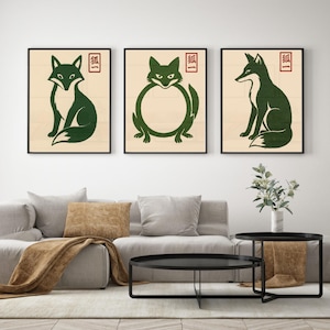 Japanese Fox Wall Art Set of 3 – &quot;One Fox&quot; Minimalist Kanji Prints | Zen Woodland Animal Decor | Digital Download | A4 Printable Poster Kit