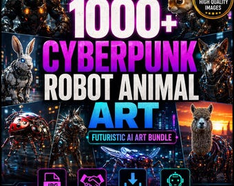 1,000+ Cyberpunk Animal Art Prints, Robotic Wildlife JPG Bundle