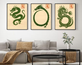 Japanese Dragon Art Prints: Zen Ink Brush Wall Decor (Digital Print)