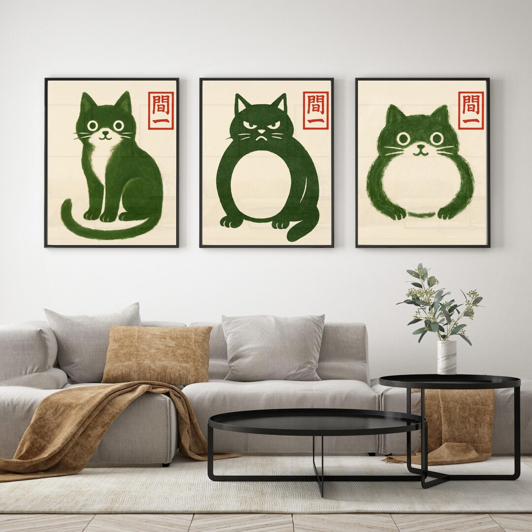 Printable Japanese Cat Wall Art Set of 3 – Minimalist Ink Style Cat ...