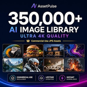 Könnte beinhalten: Eine digitale Grafik für AssetPulse mit dem Text 350,000+ AI IMAGE LIBRARY ULTRA 4K QUALITY. Sie zeigt acht verschiedene Bilder, darunter einen Papagei, einen Burger, ein Haus, abstrakte Kunst, Berge, einen Roboter, ein Interieur und eine Explosion. Enthält Symbole für kommerzielle Nutzung, lebenslange Updates und Sofort-Download.