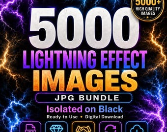 5000 Lightning Overlays JPG Bundle, Storm Effects Isolated on Black