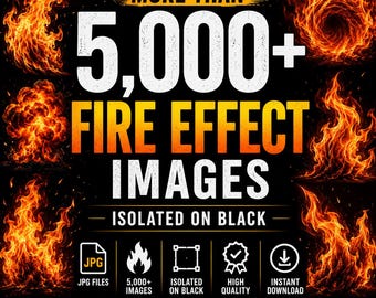 5000 Fire Effect Images JPG Bundle, Flame Overlays Isolated on Black