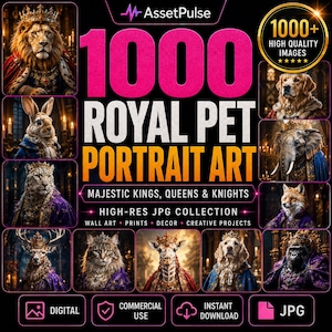 May include: A digital collection of 1000 high-quality royal pet portrait images featuring animals like lions, rabbits, dogs, elephants, foxes, deer, cats, giraffes, and gorillas dressed in ornate crowns and regal clothing with text overlays.