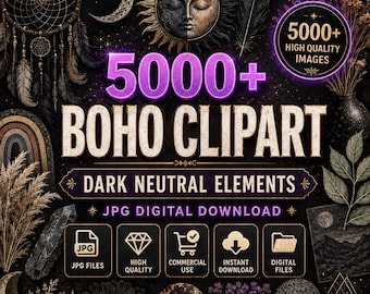5000 Boho Clipart JPG Bundle, Dark Neutral Celestial Elements