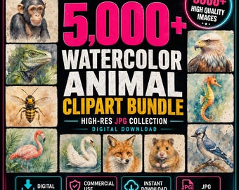 5,000+ Watercolor Animal JPG Bundle, Wildlife Clipart for Commercial Use