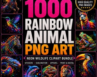 1,000 Rainbow Animal Art JPG Bundle, Neon Wildlife on Black, Commercial Use