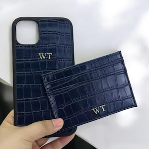 Estuche para teléfono con tarjetero de piel de cocodrilo personalizado: regalo con monograma personalizado para él y para ella, estuche tipo billetera minimalista de lujo