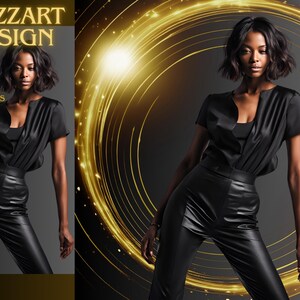 Op de afbeelding: Afbeelding met een vrouw in een zwarte outfit, met een top met korte mouwen en een broek. De achtergrond bevat een gouden spiraalontwerp en de tekst "MOZZART DESIGN" en "60 LIGHTS AND BOKEH OVERLAYS".